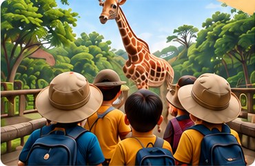Anak-anak bertopi safari melihat jerapah