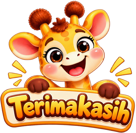 Maskot jerapah WOWDAY memegang papan bertuliskan Terimakasih