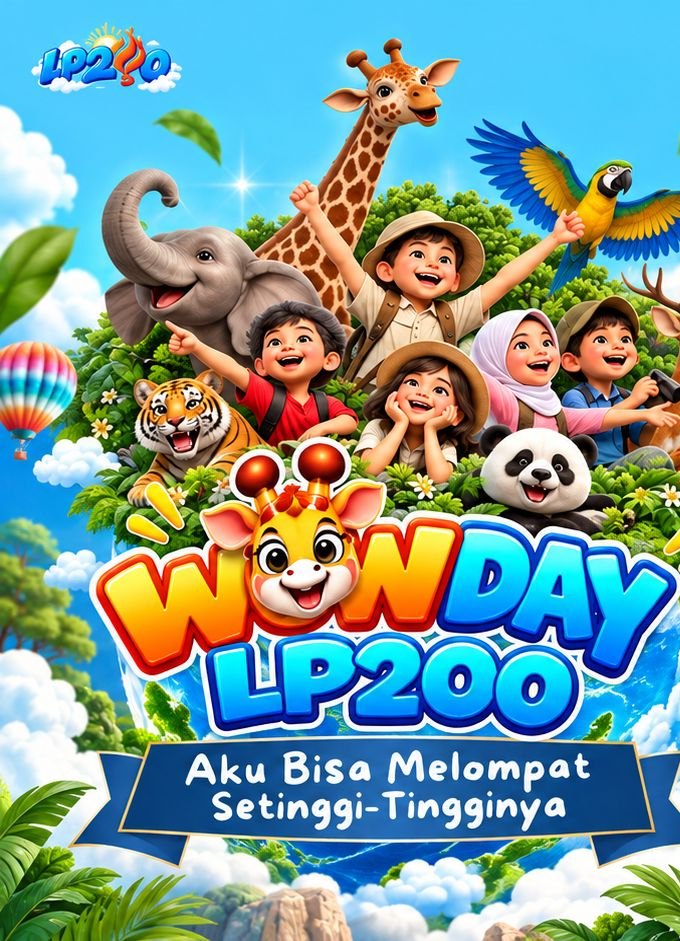 Ilustrasi WOWDAY LP200: anak-anak dan hewan safari dengan tagline Aku Bisa Melompat Setinggi-Tingginya